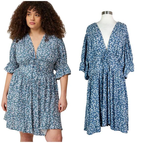 Torrid | Floral Powder Blue White Button V Neck Bell Puff Sleeve Mini Dress 16 - Picture 1 of 11